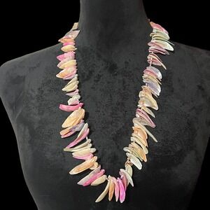 Vintage Seashell Necklace Iridescent Pink Beige Shell Bead Statement Jewelry 29"
